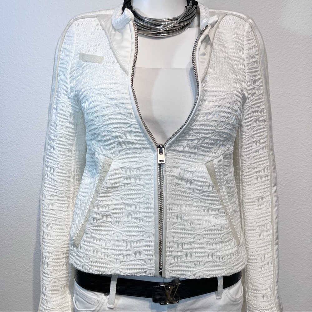 IRO • Kendall Jenner • Felicy Ivory Jacquard Silk Lamb Leather Trim Moto Jacket - Picture 4 of 16